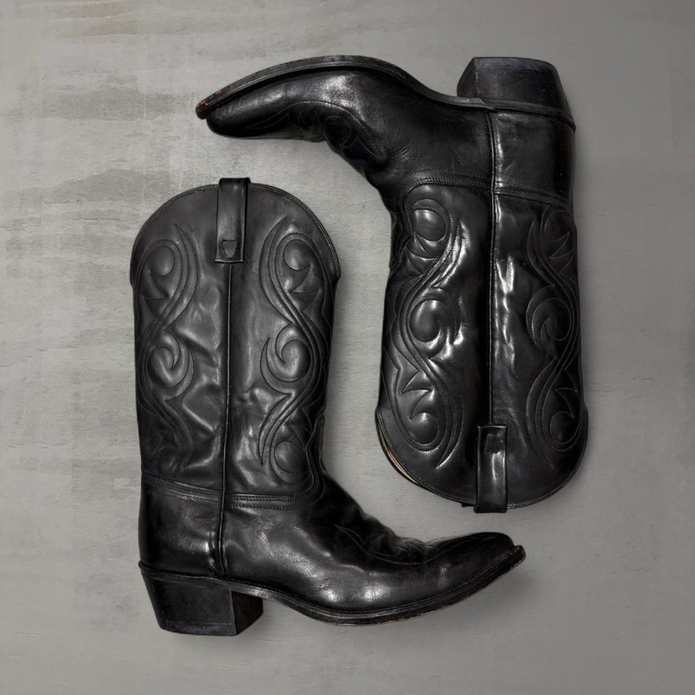 Vintage Acme 70s Cowboy Boots Black Leather Western Stitched Pointed Toe 9.5D